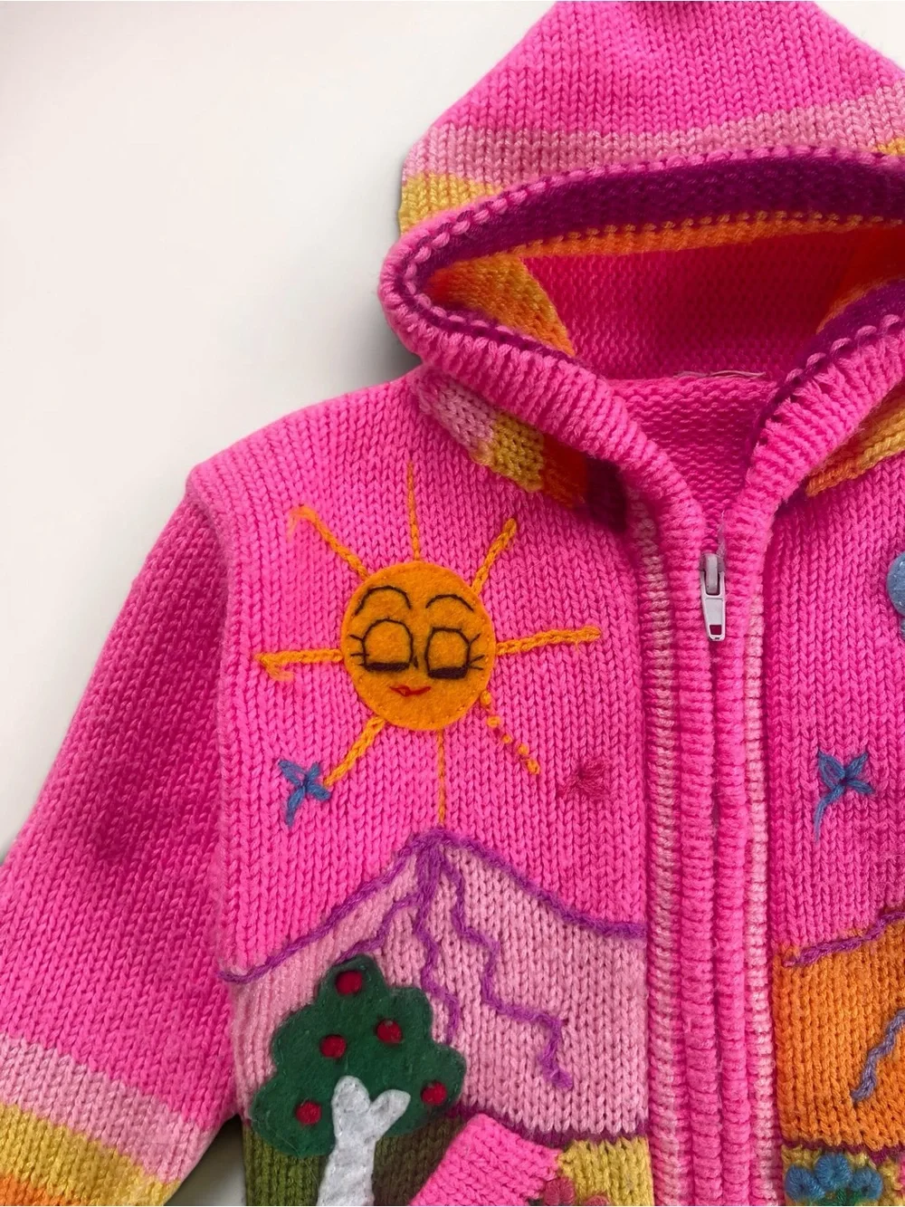 HANDMADE Neon Folk Art Storybook Landscape Hooded Knit Zip Up Cardigan